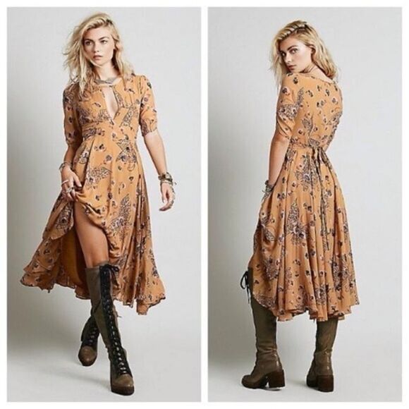 NWT Free People Mustard Yellow Bonnie Butterfly Keyhole Boho‎ Midi Dress 2 - Picture 4 of 11